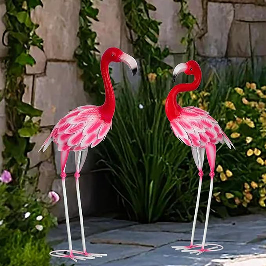 Set of 2 Metal Flamingo Garden Statues, Yard Flamingo Outdoor Decor for Lawn Patio Garden Backyard Display (Pink)