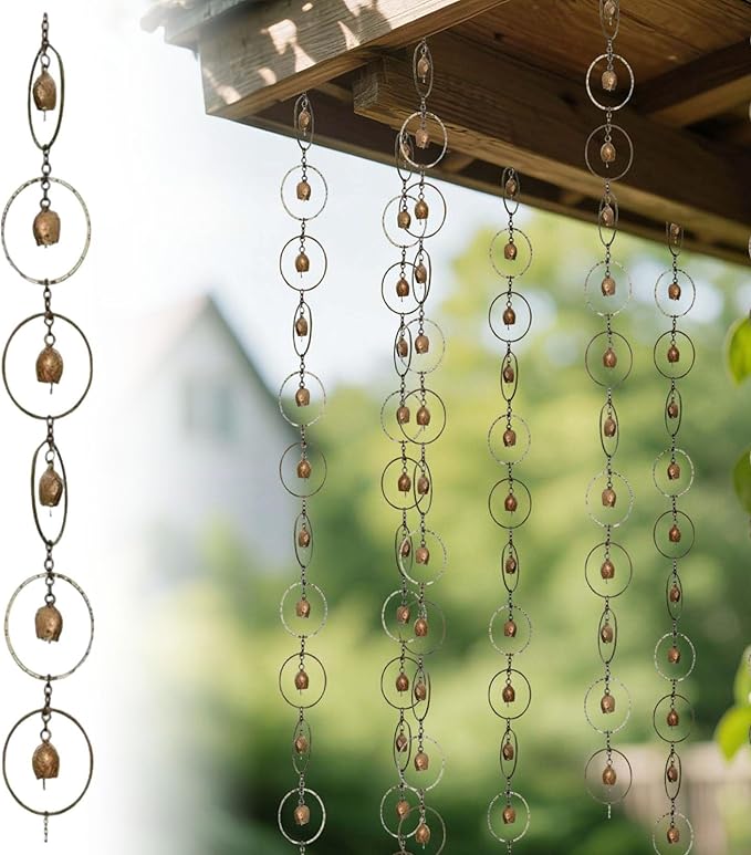 Faux Copper Bell and Ring Rain Chain for Gutters and Downspouts Decorative Hanging Metal Rain Catcher Chain, Rustic Farmhouse Patio, Pergola & Backyard Decor