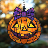 Jack-o'-Lantern Purple Tie Acrylic Suncatcher Stained Glass Effect Window Car Hanging Christmas Ornament Indoor Outdoor Decor Garden Sun Catcher Panel for Halloween Lover for Women Mom Grandma
