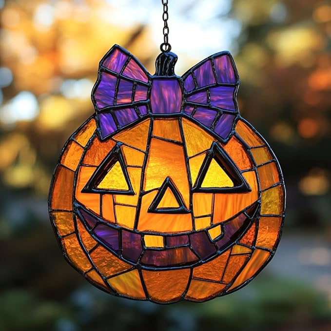 Jack-o'-Lantern Purple Tie Acrylic Suncatcher Stained Glass Effect Window Car Hanging Christmas Ornament Indoor Outdoor Decor Garden Sun Catcher Panel for Halloween Lover for Women Mom Grandma