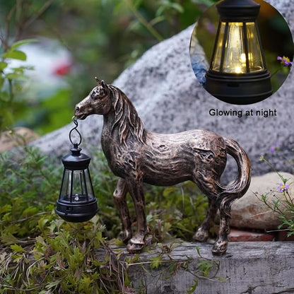Solar Garden Horse Figurines, Horse with Solar Lantern, Whimsical Outdoor Indoor Decor, Grey