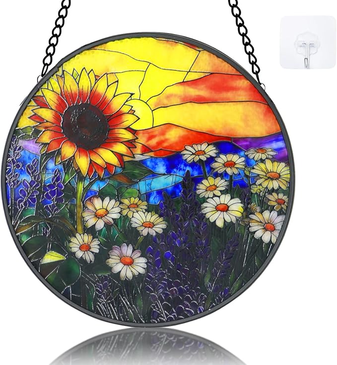 Stained Glass Window Hanging - 6.3 Inch Sunflower Gifts for Women, Sun Flower Suncatcher for Window Home Door Wall Garden Outdoor Decor and Christmas Mother's Day Birthday, Gifts for Adults Men Mom