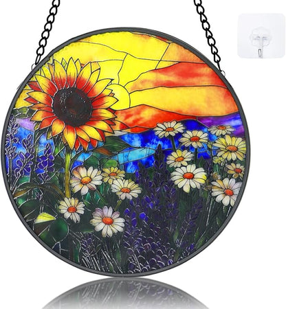 Stained Glass Window Hanging - 6.3 Inch Sunflower Gifts for Women, Sun Flower Suncatcher for Window Home Door Wall Garden Outdoor Decor and Christmas Mother's Day Birthday, Gifts for Adults Men Mom
