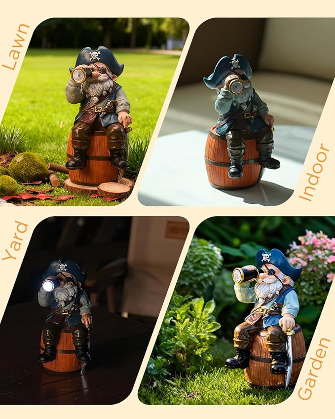Solar Garden Gnome Statues Funny Resin Pirate Gnome Decorations Sitting on Wine Barrel Outdoor Figurines for Yard Patio Mom Gift