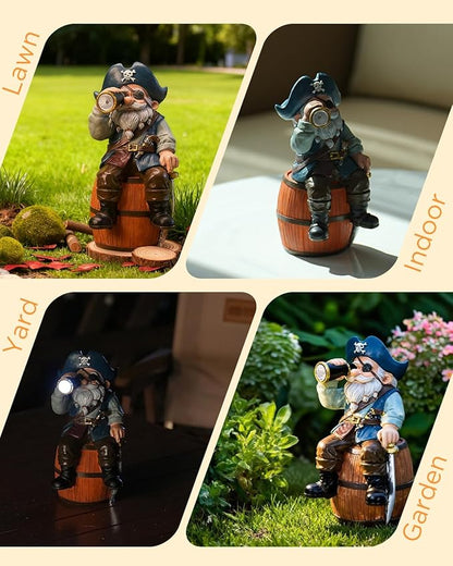 Solar Garden Gnome Statues Funny Resin Pirate Gnome Decorations Sitting on Wine Barrel Outdoor Figurines for Yard Patio Mom Gift