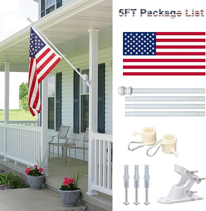 Flag Pole Kit with 3x5 American Flag Outdoor - 7ft Tangle Free Metal Flagpole with Holder Bracket & Embroidered US Flags - Rustproof Heavy Duty for Outside House Porch Garage Mount - White