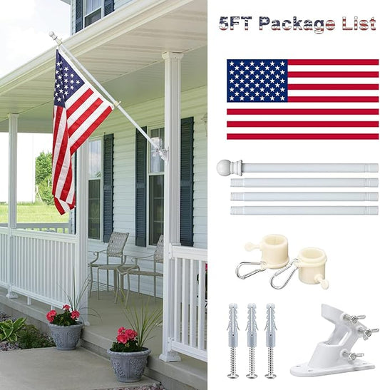 Flag Pole Kit with 3x5 American Flag Outdoor - 7ft Tangle Free Metal Flagpole with Holder Bracket & Embroidered US Flags - Rustproof Heavy Duty for Outside House Porch Garage Mount - White
