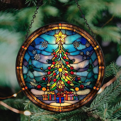 Christmas Tree Presents Star Acrylic Suncatcher Stained Glass Effect Window Car Hanging Christmas Ornament Indoor Outdoor Decor Garden Sun Catcher Panel for Women Mom Grandma