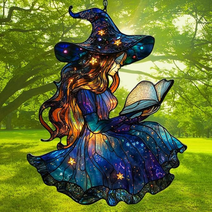 Cute Wizard Reading Books Acrylic Suncatcher Stained Glass Effect Window Car Hanging Christmas Ornament Indoor Outdoor Decor Garden Sun Catcher Panel for Book Lover for Women Mom Grandma