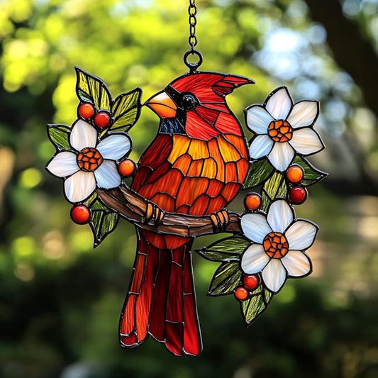 Cardinal Mosaic Effect Acrylic Suncatcher Stained Glass Effect Window Car Hanging Christmas Ornament Indoor Outdoor Decor Garden Sun Catcher Panel for Acrylic Suncatcher Lover for Women Mom Grandma