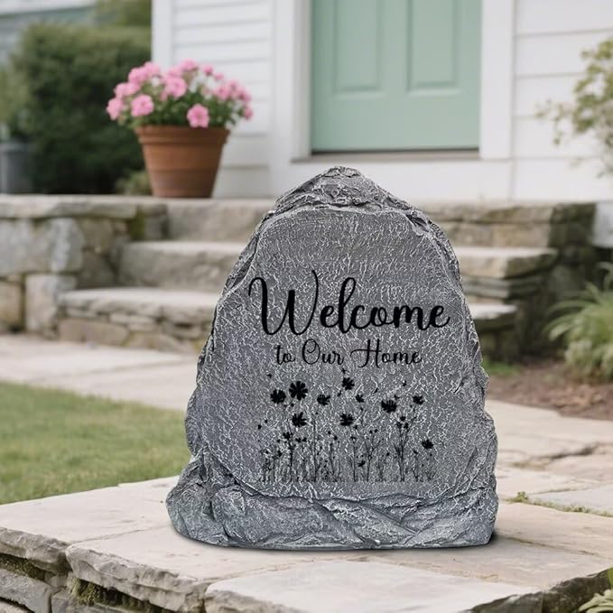 Garden Stone Sculpture with Flowers and Text Welcome to Our Home, Solar Resin Outdoor Sculpture, Suitable As Tomb Decoration for Gardens, Lawns, Cemeteries, Memorial Gifts, Home Decoration