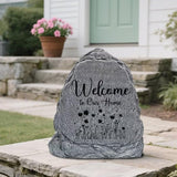 Garden Stone Sculpture with Flowers and Text Welcome to Our Home, Solar Resin Outdoor Sculpture, Suitable As Tomb Decoration for Gardens, Lawns, Cemeteries, Memorial Gifts, Home Decoration