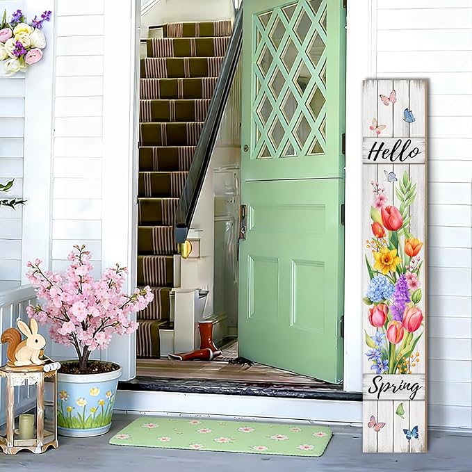Hello Spring Porch Sign Tulip Butterflies Welcome Sign Rustic Vertical Standing Sign For Front Porch Decor Farmhouse Hanging Wall Sign for Patio Yard Party Indoor Outdoor Decoration 47.2"H