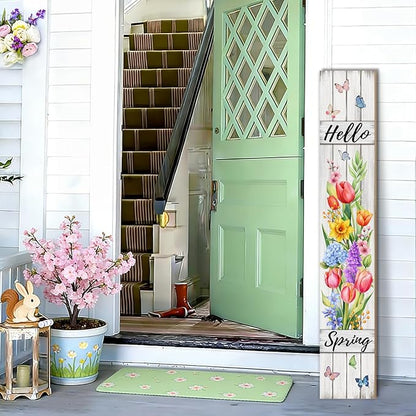 Hello Spring Porch Sign Tulip Butterflies Welcome Sign Rustic Vertical Standing Sign For Front Porch Decor Farmhouse Hanging Wall Sign for Patio Yard Party Indoor Outdoor Decoration 47.2"H