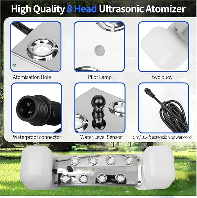 Ultrasonic Mist Maker 8 Head Mist Maker Fogger 6000ml/H Ultrasonic Mister Fogger 300W Atomizer Pond Fogger IP67 Waterproof Fog Mist Machine with Float for Garden Rockery Halloween Decor (8 Heads)