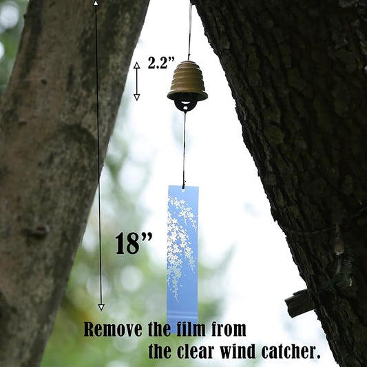 Japanese Wind Chime Cast-Iron Outdoor Ornament for Garden, Patio & Balcony, Hanging Metal Wind-Bell Decoration Gift, Blessing Pendant Windchimes & PVC Wind-Catcher, Waterline - Yellow