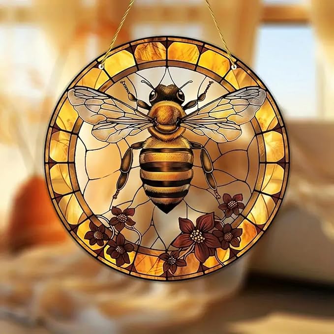 7.9inch Bee Suncatcher for Window Hanging,Floral Acrylic Suncatcher with Chain Window Decor for Home,Indoor, Garden, Housewarming Round Ornament, Gift for Women Friend
