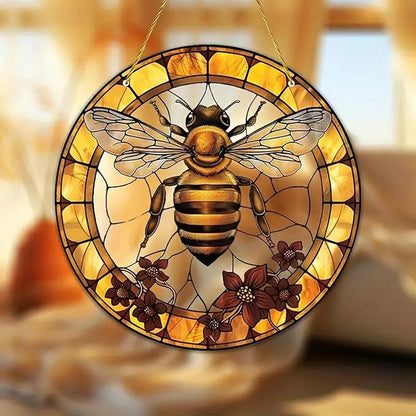 7.9inch Bee Suncatcher for Window Hanging,Floral Acrylic Suncatcher with Chain Window Decor for Home,Indoor, Garden, Housewarming Round Ornament, Gift for Women Friend