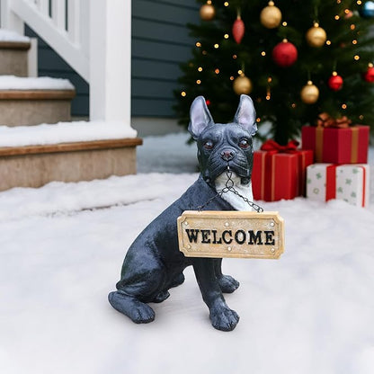 Black French Bulldog Garden Statue with Solar Lantern & Double-Sided Sign, 13.8" Resin Frenchie Dog Figurine Outdoor Decor, Waterproof Lawn Ornament Welcome Yard Art for Patio, Porch, Gifts