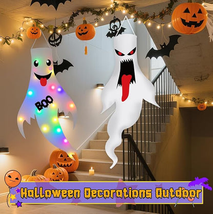 Halloween Decorations Outdoor Indoor, 2 Pack Light Up Ghost Decorations with LED Lights, Hanging Ghost Halloween Decor for Yard Porch Garden Lawn Party (1A-2Pack)