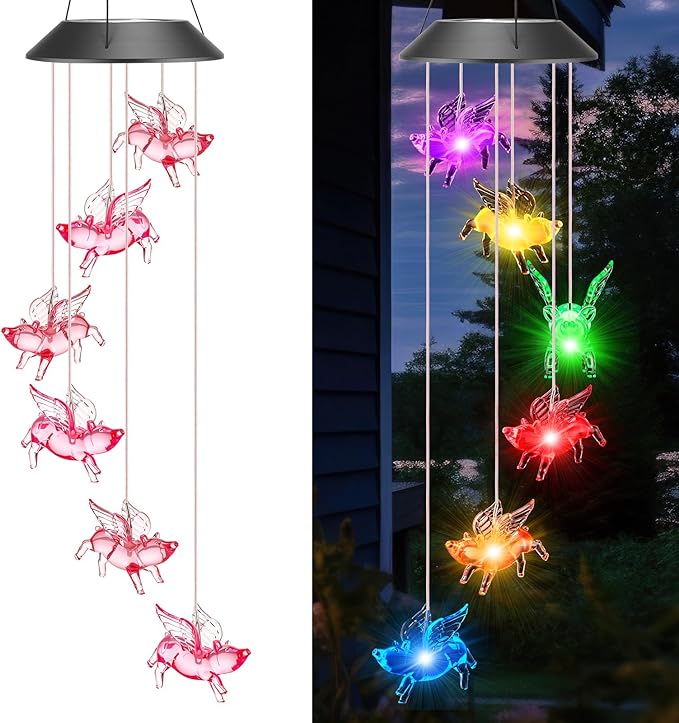 Thyle Outdoor Solar Flying Pig Wind Chimes Lights Color Changing Flying Pig Chimes Romantic Solar Powered Wind Bell Waterproof Lights for Garden Room Patio Indoor Outdoor Decoration