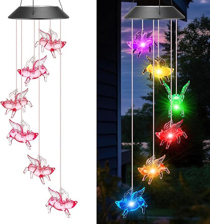 Thyle Outdoor Solar Flying Pig Wind Chimes Lights Color Changing Flying Pig Chimes Romantic Solar Powered Wind Bell Waterproof Lights for Garden Room Patio Indoor Outdoor Decoration