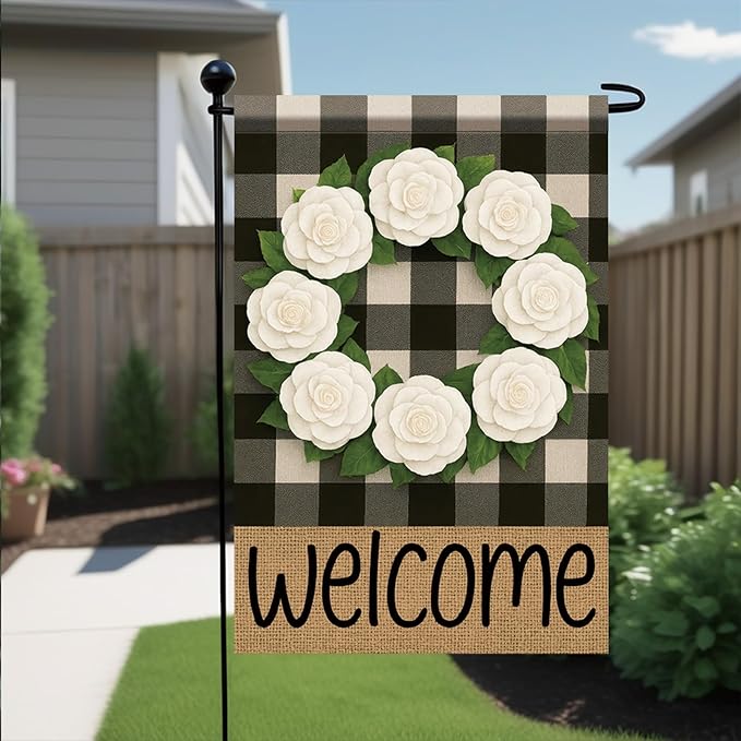 Buffalo Plaid Welcome Wreath Garden Flag White Camellia Flower Flag 12x 18 Inch Double Sided Spring Outdoor Fall Autumn Farmhouse Outdoor Small Decor for Porch Lawn Patio Yard