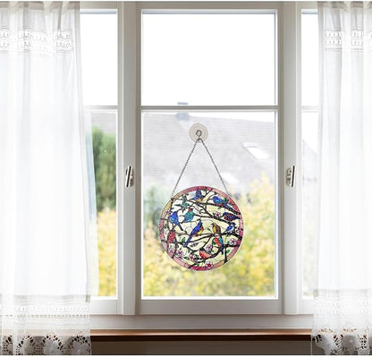 Birds and Flowers Hanging Stained Glass for Windows, Hand-Painted Sun Catcher Garden Hangings Christmas Mother's Day, Valentine's Day Ornaments Festival Gift (Large)