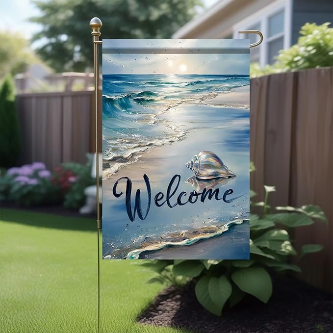 Welcome Summer Coastal Garden Flag Double Sided 12 x 18 Inch Beach Coastal Coral Starfish Shell Sea Horse Yard Outside Decorations Nautical Seasonal Burlap Outdoor Small Home Decor