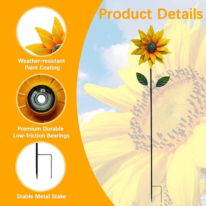 Sunflower Wind Spinner Outdoor, Metal Wind Sculptures with Stake, Outdoor Windmill Flower Pinwheels Decorations for Yard Garden Lawn Patio Decor 46 * 10 inchs