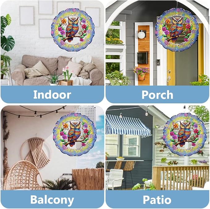 Owl Wind Spinner, 3D Hanging Stainless Steel Garden Spinner, Wind Spinner Hanging for Outdoor & Indoor Décor, Unique Gifts for Yard Garden Decoration or Patio Décor (Owl)