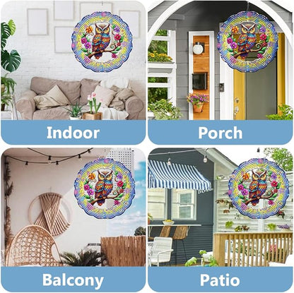 Owl Wind Spinner, 3D Hanging Stainless Steel Garden Spinner, Wind Spinner Hanging for Outdoor & Indoor Décor, Unique Gifts for Yard Garden Decoration or Patio Décor (Owl)