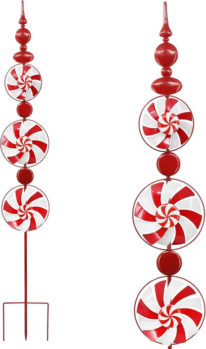 Red Candy Wind Spinner Mother's Day Outdoor Decorations,52 Inch Metal Wind Spinner Outdoor Decoration for Yard Art and Garden Lawn Ornaments，Outdoor Mother's Day Decorations Yard and Lawn Ornaments