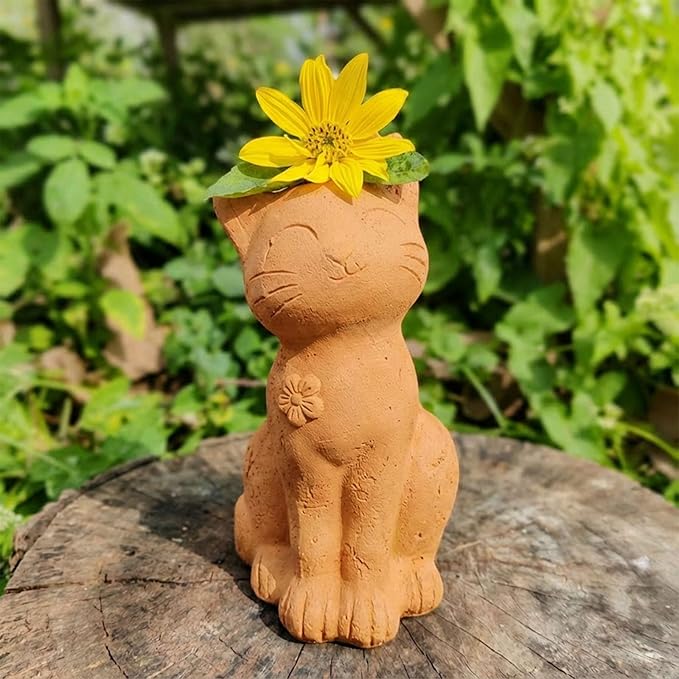 Handmade Terracotta Cat Garden Statue, Rustic Clay Cat Figurine for Outdoor Patio Balcony Yard Decor, Small Cat Sculpture Lawn Ornament Natural Garden Accent 8.3"×4.3"×3.3"