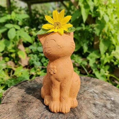 Handmade Terracotta Cat Garden Statue, Rustic Clay Cat Figurine for Outdoor Patio Balcony Yard Decor, Small Cat Sculpture Lawn Ornament Natural Garden Accent 8.3"×4.3"×3.3"