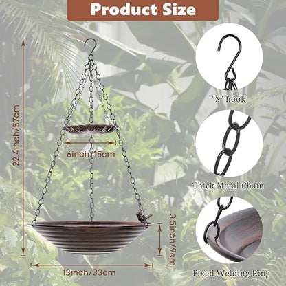 13 inch Rain Chain Basin, Metal Rain Chains Anchoring Bowl Dish, DIY Rain Chain Basin for Gutter Downspout, Copper Hanging Birdbath for Outdoor Garden Patio Decor