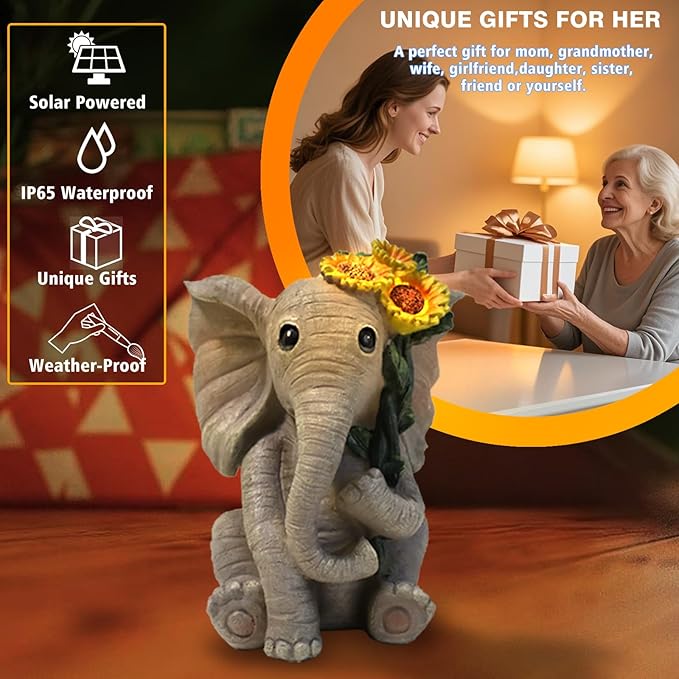Solar Outdoor Garden Elephant Statues Lights, Good Luck Sunflower Elephant Statues for Women Outdoor Garden Decor for Outside Yard Front Porch Balcony Home, Birthday Easter Gifts for Adults Women
