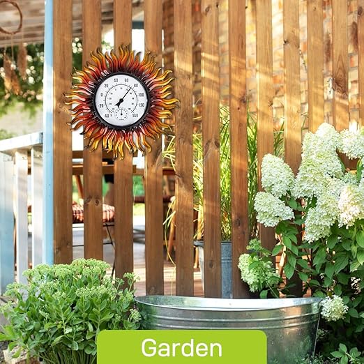 Outdoor Thermometer Waterproof with Humidity, 13.5 Inch Wall Large Number Easy to Read Outdoor Thermometer, Decorative Outside Thermometer, for Patio, Garden (Sun)