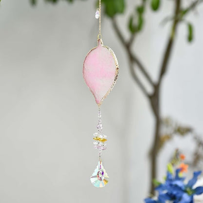 Hanging Crystal Suncatcher, Sun Catchers Indoor Window, Leaf-Shaped Crystal Hanging Ornament, Hanging Crystals for Decoration, Birthday Gift (Pink)
