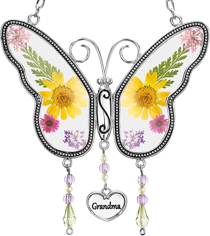 Butterfly Suncatcher Wind Chime with Embossed Colorful Flower Wings, for Mom Butterfly Glass Wind Chime with Hook and Metal Heart Hang Tag, Birthday Gift for Mom's Grandmother (Yellow Grandma)