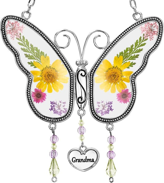 Butterfly Suncatcher Wind Chime with Embossed Colorful Flower Wings, for Mom Butterfly Glass Wind Chime with Hook and Metal Heart Hang Tag, Birthday Gift for Mom's Grandmother (Yellow Grandma)
