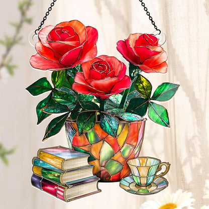 Jesuspirit - Window Hanging Suncatcher – Crystal Clear Acrylic & Wood Sun Catcher for Home Decor, for Women (Nostalgic Roses, Books, and Tea, 8 Inches)