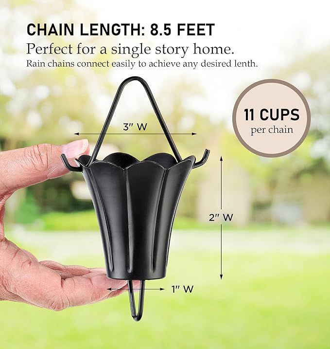 Fluted Flower Black Aluminum 8.5 ft. Rain Chain with Gutter Installation Clip by Good Directions