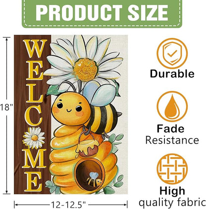 Dyrenson Welcome Spring Summer Bumble Bee Decorative Garden Flag, Daisy Flower Honeycomb Yard Outside Home Decorations, Farmhouse Honey Floral Burlap Outdoor Small Decor Double Sided 12 x 18