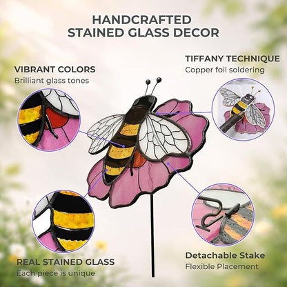 Bee Stained Glass Plant Pot Suncatcher - Handmade Real Glass Flower Pot Ornament for Planters - Indoor Outdoor Garden Décor - Unique Nature Gift for Women, Mom & Grandma