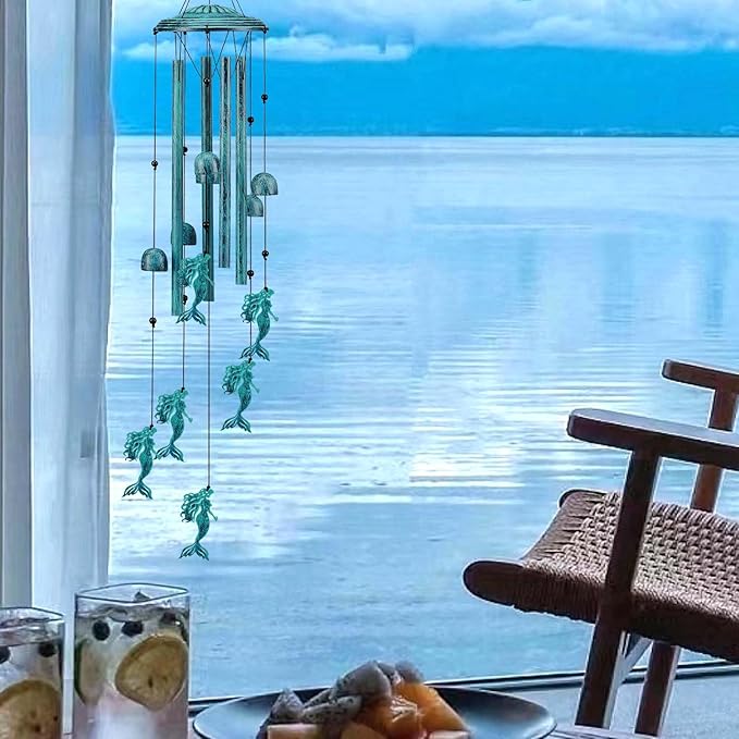 Mermaid Wind Chimes for Outside/Indoors, Mermaid Gifts for Women Mom Grandma, Aluminum Tubes Windchimes S Hook, 37" Wind Chime Hanging Decor for Home Patio Garden Porch Yard (Blue-Mermaid)