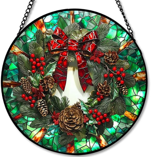 Stained Glass Window Hanging - 6.3in Christmas Wreath with Red Bow, Pine Cones, Berries Sun Catchers Panel for Indoor Decorative Display for Mom, Wife, Lovers, Festive