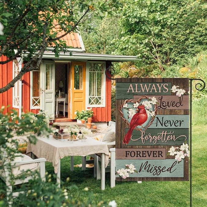 AVOIN colorlife Cardinal Memorial Garden Flag 12x18 Inch Double Sided Outside, Always Loved Never Forgotten Memorial Day Gravesite Saying Yard Outdoor Decoration