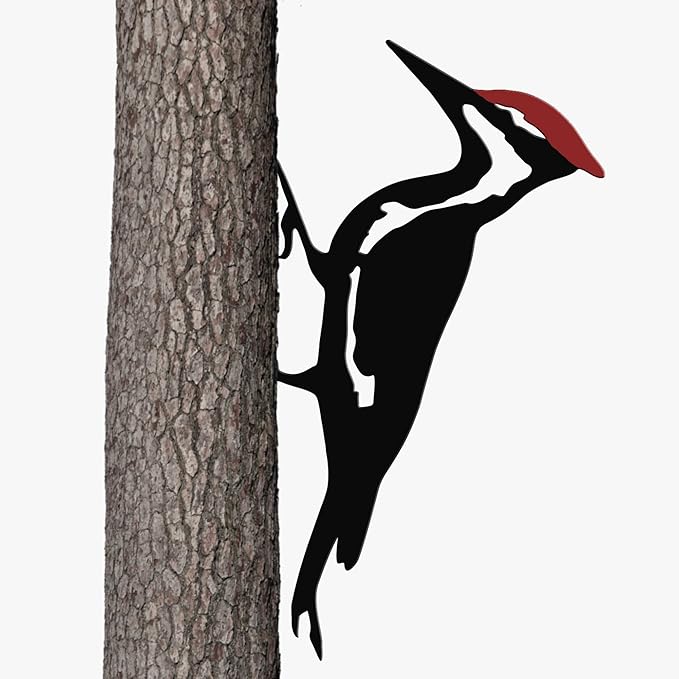 Woodpecker Metal Yard Decor, Red Head Bird Tree Branch Decoration - Rustic Metal Yard Art for Garden, Fence & Outdoor Decoration