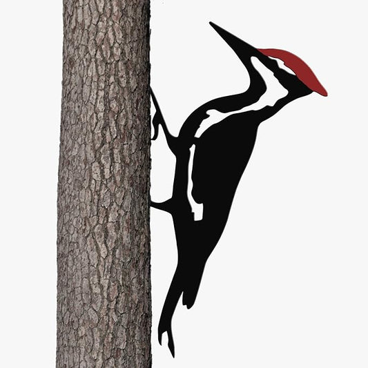 Woodpecker Metal Yard Decor, Red Head Bird Tree Branch Decoration - Rustic Metal Yard Art for Garden, Fence & Outdoor Decoration